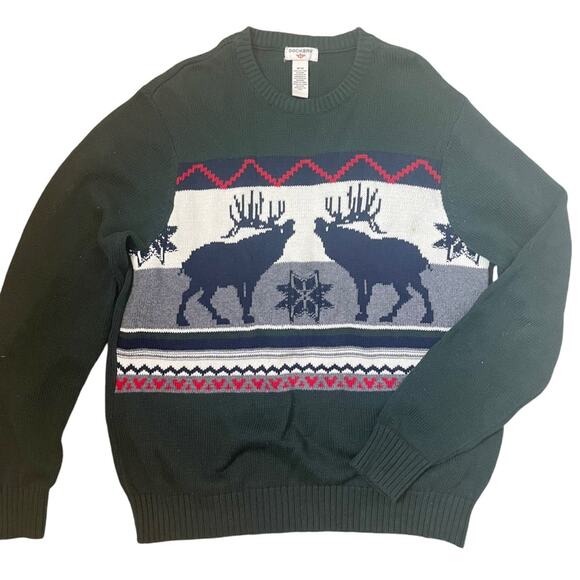 Dockers Holiday Dad Sweater Mens Medium Green Cotton Knit Moose Elk Snowflake - Picture 8 of 9